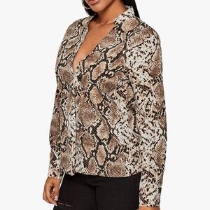 Amazon Floerns Tan & Black Snakeskin Print White Deep V Neck Blouse Size M